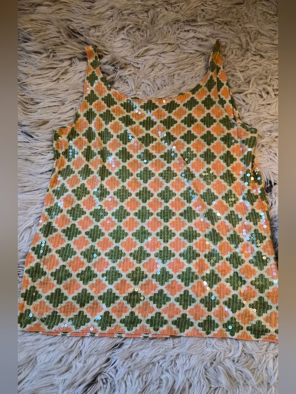 Gorgeous Tory Burch Sequined Geometric Tank Top in Cream, Orange and Green Sz S